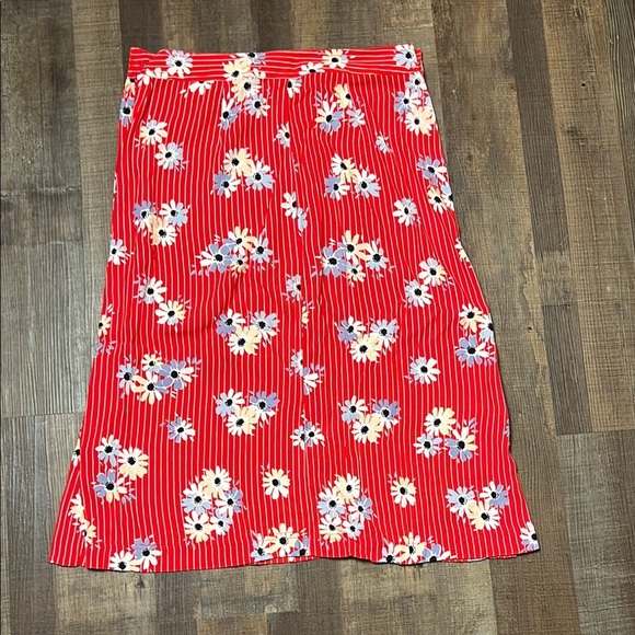 MADEWELL Womens Red Floral Striped Side Button Skirt Knee Length Daisy Society 4 - Picture 1 of 9